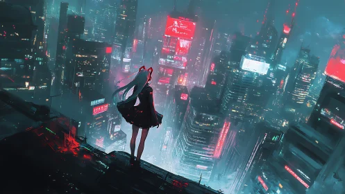 Girl stands on rooftop edge above dense neon cyberpunk city