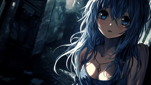 Rain-drenched blue gaze lingers in a broken city doorway