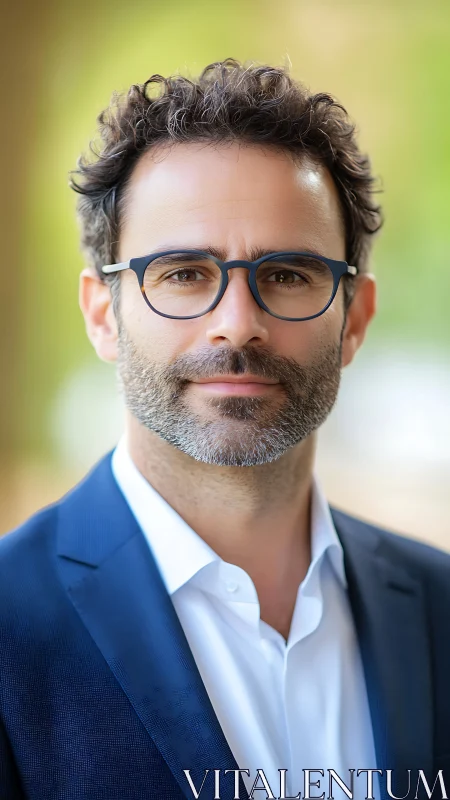 Confident professional smiles softly in a crisp blue blazer