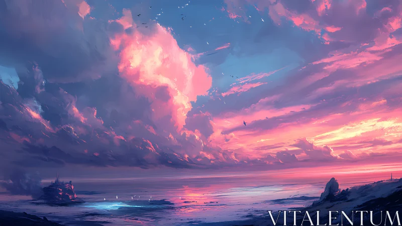 Luminescent coastal sunset under expansive pink clouds.