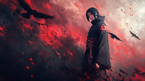 Solitary dark‑robed shinobi amid crimson crow‑filled maelstrom