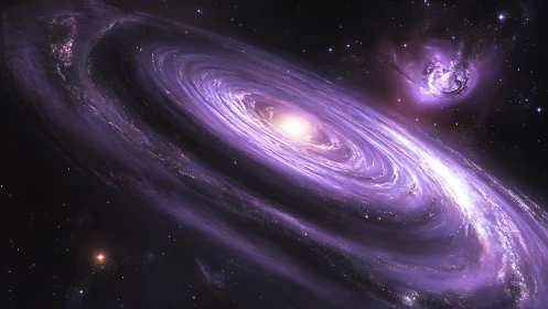 Purple spiral galaxy with bright core in deep space.