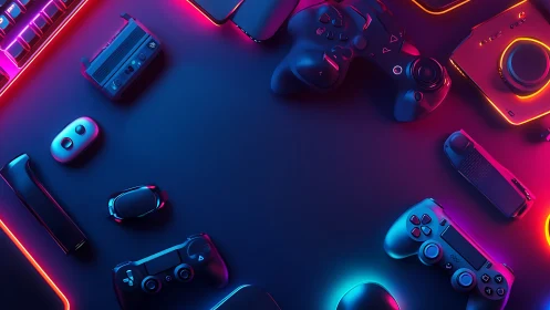 Neon-lit gaming controllers frame a dark negative space field