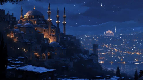 Moonlit hilltop city aglow with domes, towers, and stars.