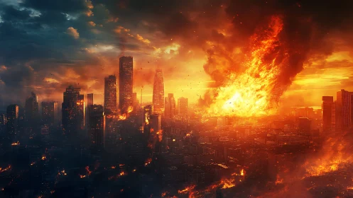 Towering city skyline endures a blazing apocalyptic sunset
