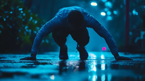 Runner crouches at night on wet city street before sprint