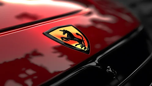 Scarlet hood gleams around a prancing stallion emblem.