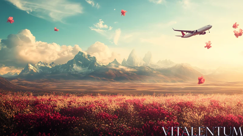 Airliner crossing surreal alpine range above luminous flower plain