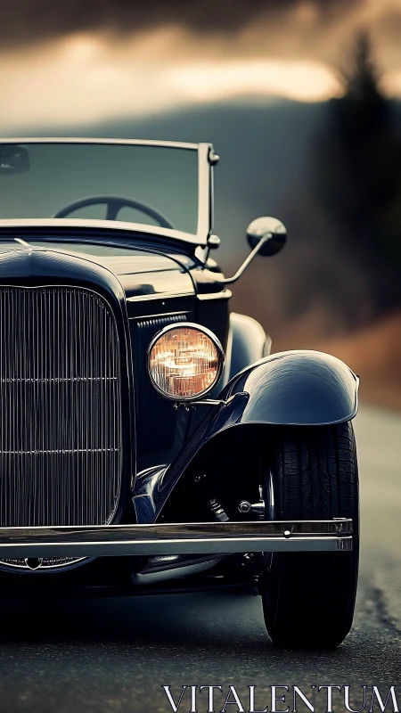 Classic dark roadster parked on empty rural roadway.