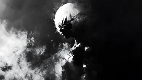 Monochrome cyber-noir android dissolves into atmospheric smoke