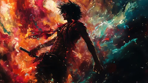 Sword-wielding warrior in abstract inferno color field.