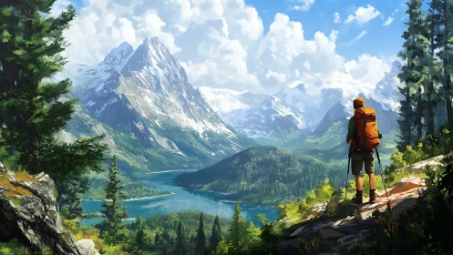 Solitary hiker pauses to admire a sunlit mountain valley