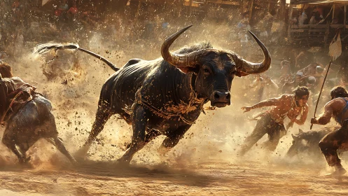Charging bull in chaotic dusty arena with fleeing men.