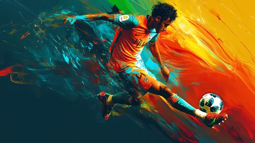 Dynamic football kick rendered with high-energy color motion fields