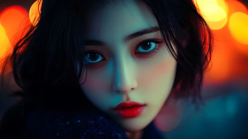 Neonlit close-up portrait with cinematic bokeh and teal orange.