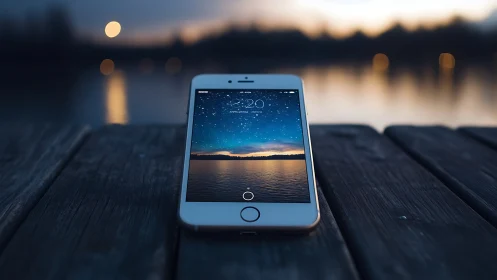 White smartphone on wooden dock with twilight water backdrop