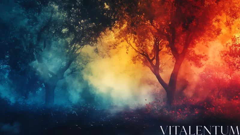 Forest divides into blue midnight and ember-bright dawn