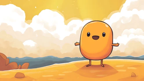 Cheerful orange mascot greeting sunlit cartoon beach.