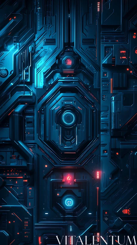 Geometric circuit panel shows layered blue and red interfaces