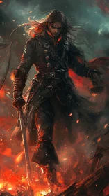 Fire-wreathed warrior strides through burning ruins in rage.