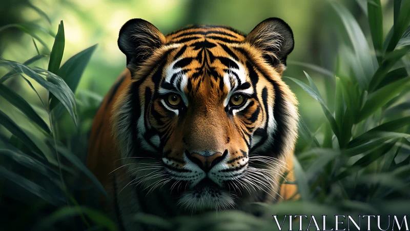 Stealthy Bengal tiger emerging through lush jungle foliage.