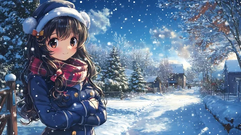 Girl in winter coat stands in snowy village street at dusk