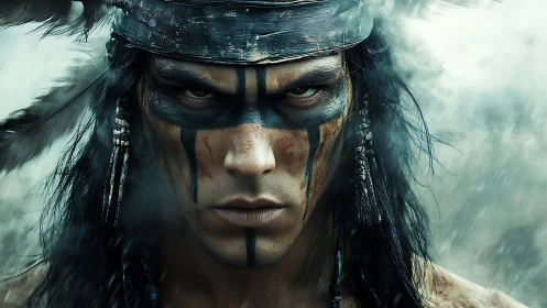 War-painted warrior portrait in cinematic digital close-up.
