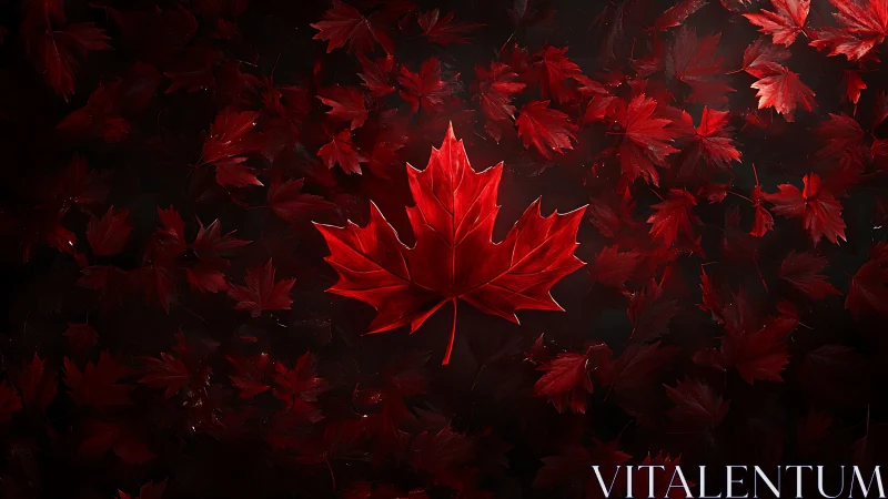 Crimson maple heart glows amid a storm of shadowed leaves.