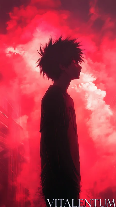 Silhouetted anime boy stands within burning crimson haze.