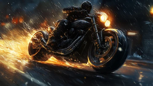 Motorcycle rider carves blazing arc through wet night street