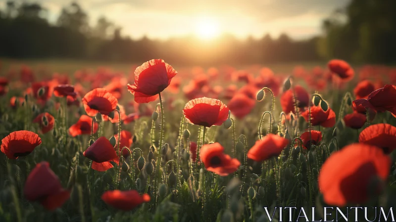 Red poppy field under low evening sun with soft background blur.