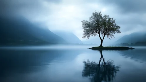 Solitary lakeside tree forms mirrored silhouette in blue morning fog