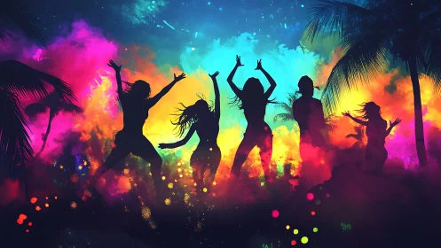 Colorful beach party dancers glowing in tropical night.