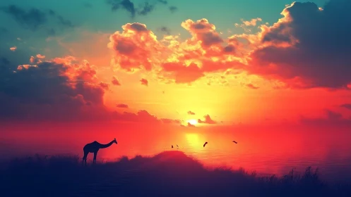 Hyper-saturated coastal sunset with silhouetted giraffe and birds