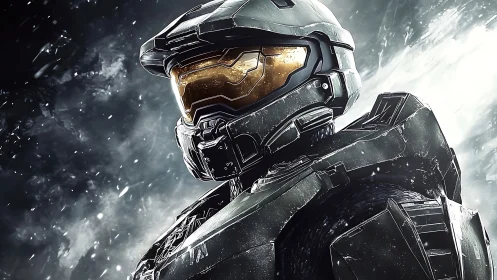 Armored sci fi soldier in snowlit battlefield profile.