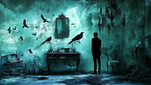 Mystic teal parlor where ravens and quiet thoughts gather.