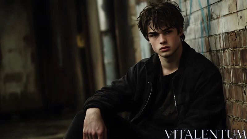 Young man sits against worn brick wall in urban alley