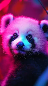 Cyberpunk neon red panda portrait in saturated rim lighting.