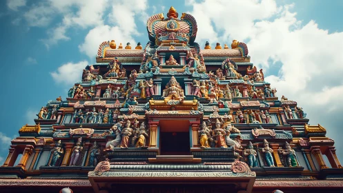 Skyward temple tower drenched in mythic color and carvings.