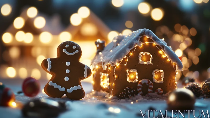 Gingerbread guardian and twinkling sugar cottage at dusk.
