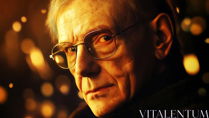 Elderly man portrait in warm cinematic bokeh light.