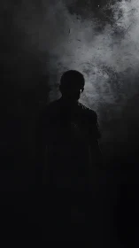 Silhouetted figure emerging from dense cinematic darkness.