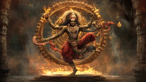 Divine cosmic dancer within blazing mandala of molten gold.