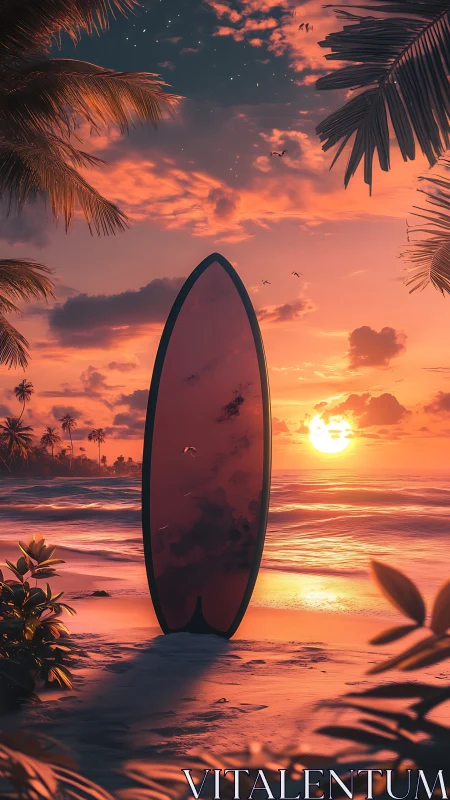 Vertical surfboard silhouette in cinematic sunset seascape.