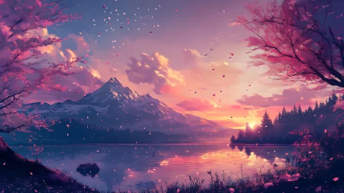 Blossom-kissed mountain sunset over a mirrored dream lake.