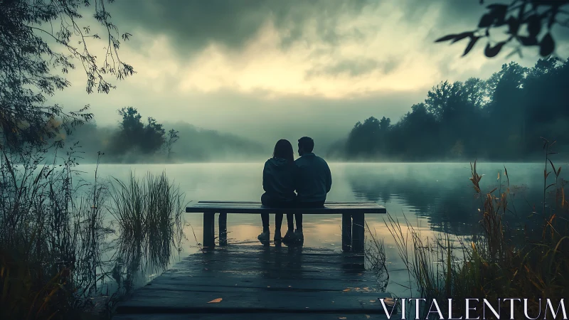 Two Figures on Wooden Dock at Misty Dawn Lake.