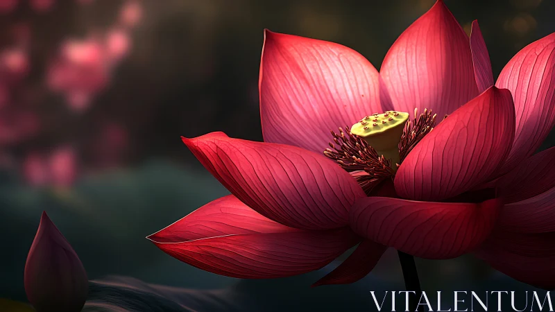 Red lotus flower close-up with soft dark background.