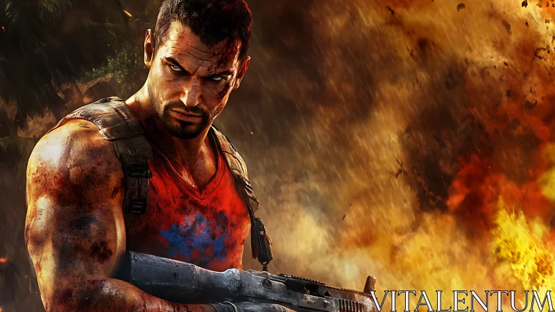 Battle-hardened soldier amid inferno of blazing chaos.