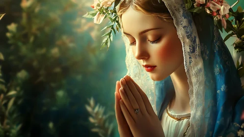 Portrait of praying woman in veil rendered as digital painting