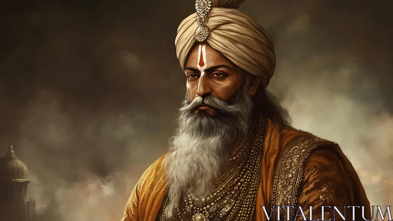 Digital portrait depicts turbaned elder in ornate garments